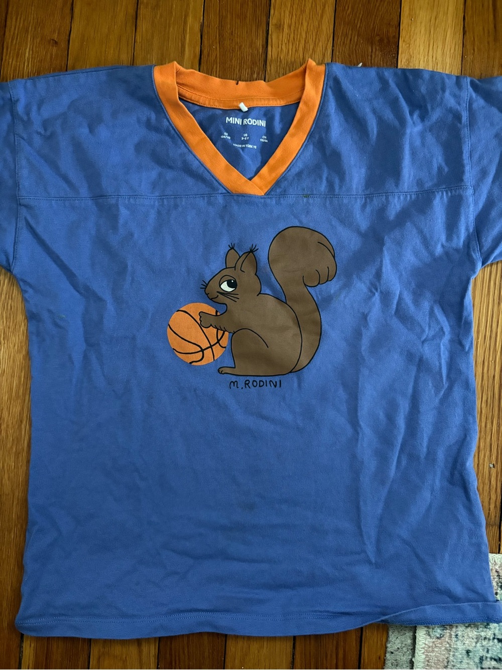 Mini Rodini Blue Tee with Orange Trim & Squirrel Graphic